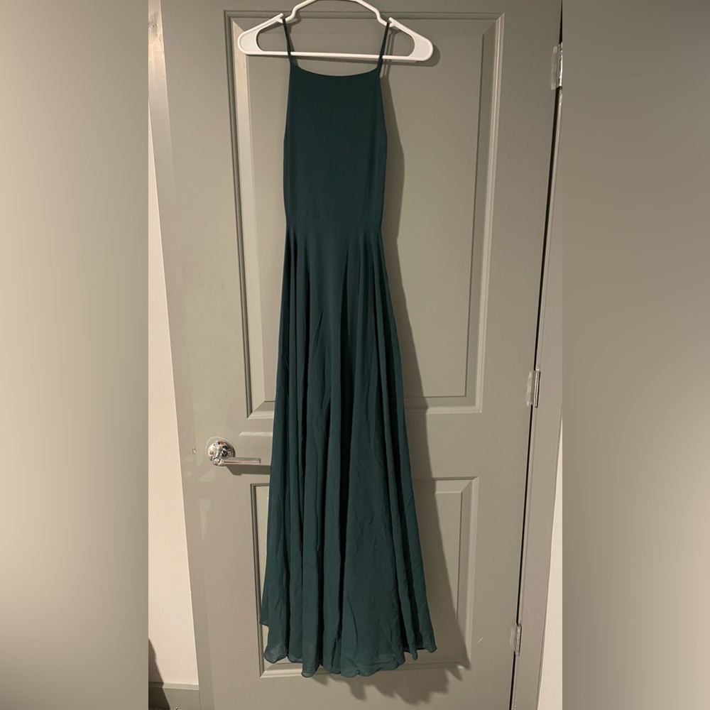 Green Lulu’s backless floor length gown